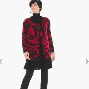 Chico's Agatha Cardigan/ Dress Red Black Fringe Long-Sleeve Thick Size 2 / Large